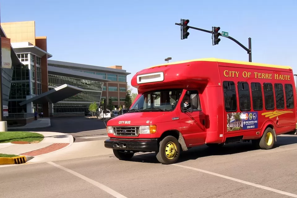 Red City of Terre Haute small transit bus in Terre Haute, Indiana.